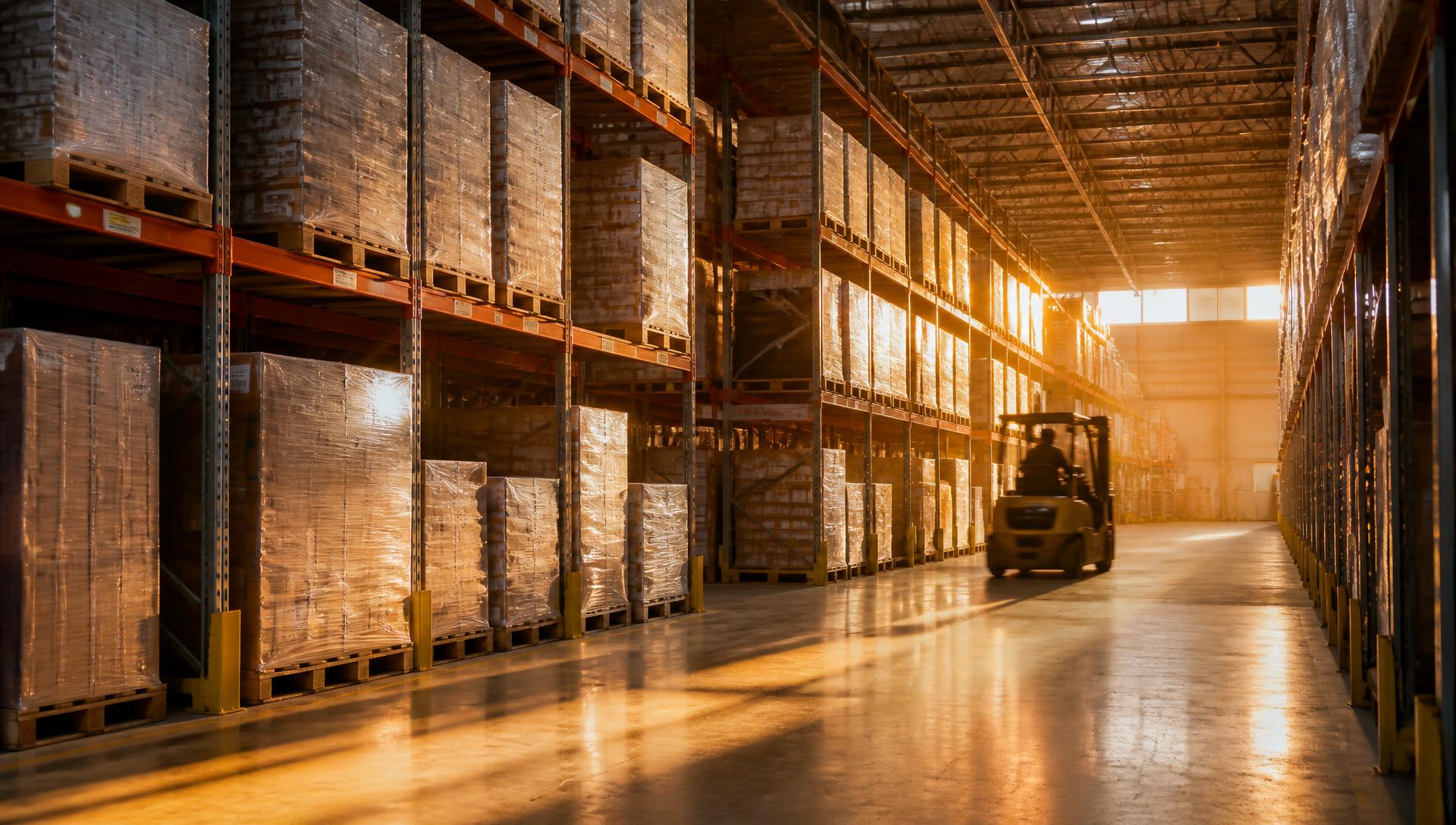 Warehouse aisle stacked with palletized wholesale inventory