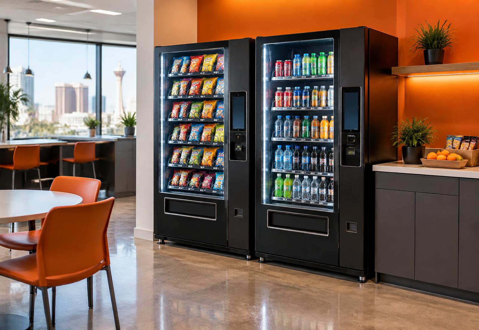 Modern snack and beverage vending machines in a Las Vegas office